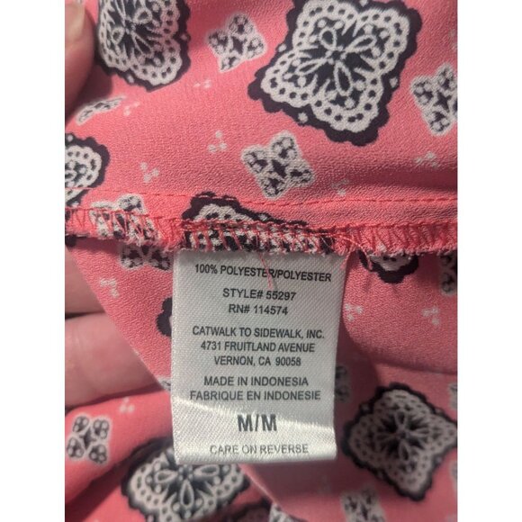 Pleione Pink & Black Geometric Print Sz M Wrap Style Blouse -Roll-tab Sleeves - Picture 9 of 10